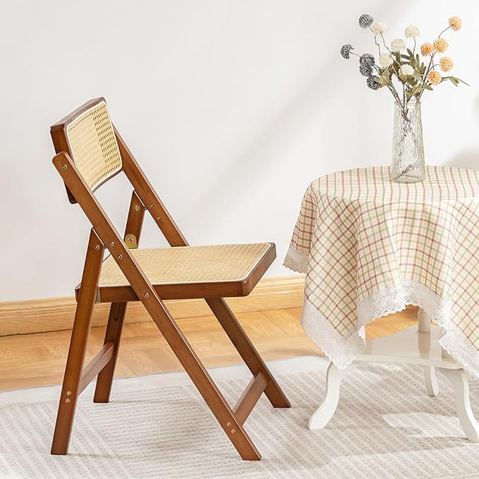 Rattan Folding Chair, Modern Mid Century Dining Chairs Set of 1, Comfy Outdoor Bamboo Chairs for Bedroom Living Room Reading Room Dining Kitchen, Walnut - LeafyLoom