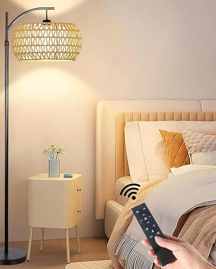 Floor Lamp for Living Room,Bedroom,Boho Rattan Floor Lights,Tree 3 Bulb Standing Lamp Farmhouse Industrial Black Tall Lamp,Wicker Bamboo Lamp Shade Flower Dimmable Floor Lamps Bohemian Decor - LeafyLoom