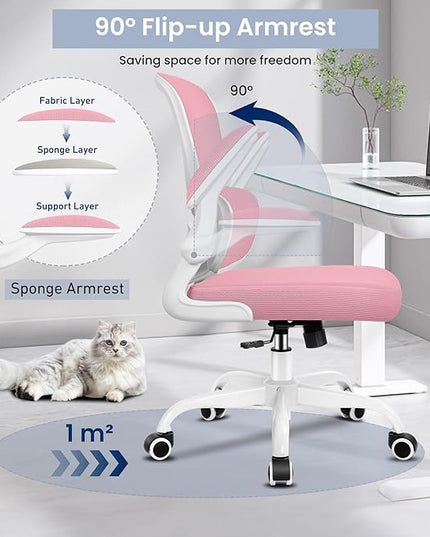 Office Chair, Ergonomic Desk Chair with Lumbar Support and Adjustable Armrests, Comfy Desk Chair Breathable Mesh Mid Back Computer Chair, Reclining Office Chair for Home Office - Pink - LeafyLoom