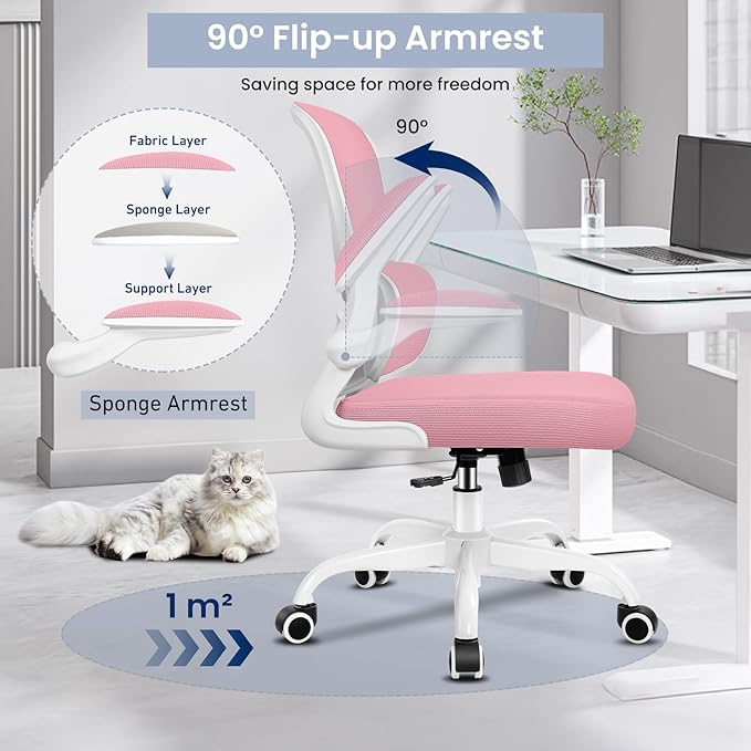 Office Chair, Ergonomic Desk Chair with Lumbar Support and Adjustable Armrests, Comfy Desk Chair Breathable Mesh Mid Back Computer Chair, Reclining Office Chair for Home Office - Pink - LeafyLoom