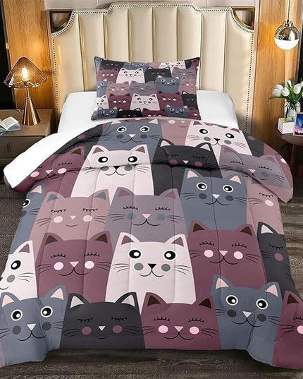 Cat Twin Comforter Set for Bedroom - 2Pcs Grey Cat Comforter Set for Teens Kids Cute Cartoon Cat Bedding Set Ultra Soft Warm Lightweight Kawaii Animal Patterns Comforter with Pillowcase - LeafyLoom