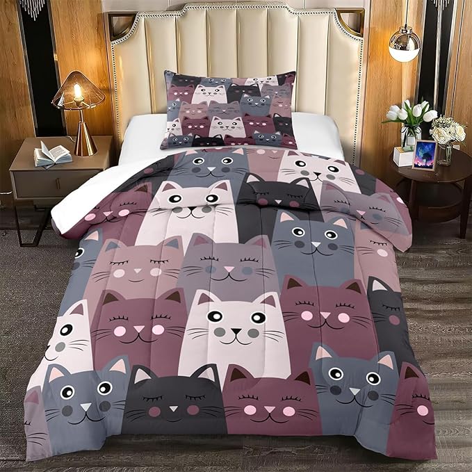 Cat Twin Comforter Set for Bedroom - 2Pcs Grey Cat Comforter Set for Teens Kids Cute Cartoon Cat Bedding Set Ultra Soft Warm Lightweight Kawaii Animal Patterns Comforter with Pillowcase - LeafyLoom