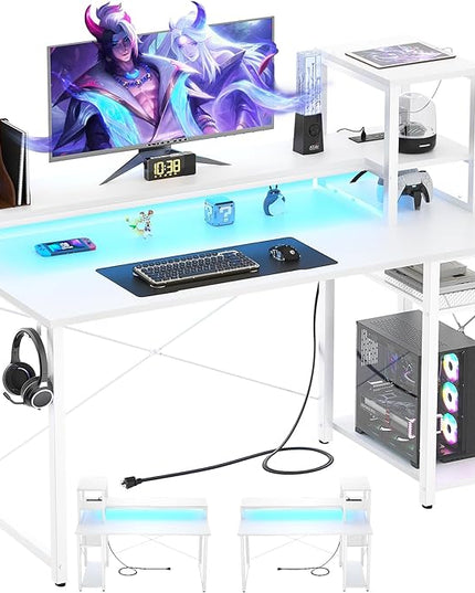 Gaming Desk with Lights & Power Outlets, 39.4' Computer Desk with Shelves, Small Desk for Small Space, Writing Desk with Monitor Stand, White - LeafyLoom