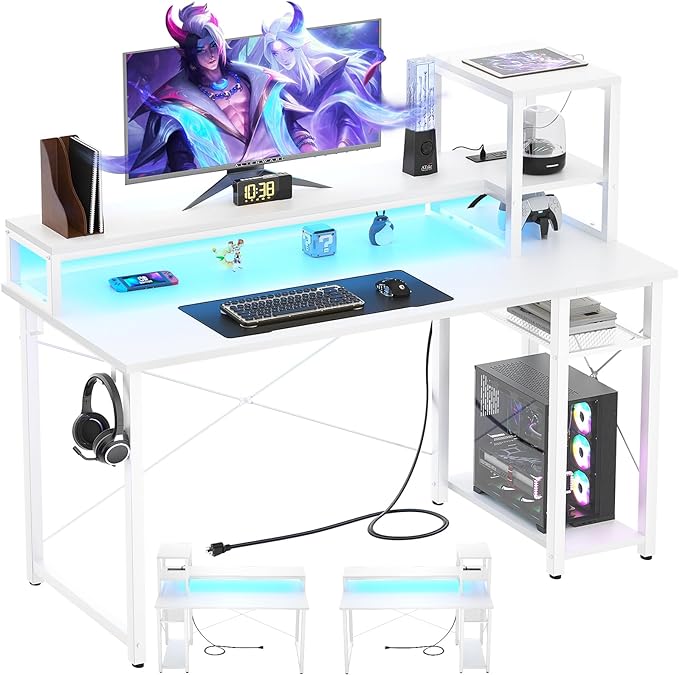 Gaming Desk with Lights & Power Outlets, 39.4' Computer Desk with Shelves, Small Desk for Small Space, Writing Desk with Monitor Stand, White - LeafyLoom