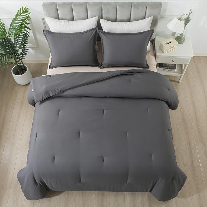 Dark Gray Comforter Set King, Solid Grey Down Alternative Bedding Comforter Set, Breathable Fluffy Microfiber Comforter King Size (104"x90") for All Seasons with Pillowcase… - LeafyLoom