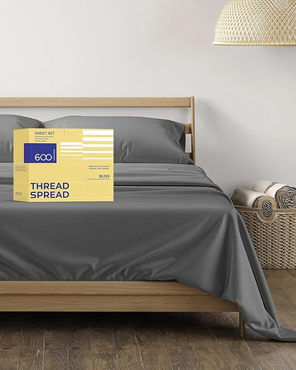THREAD SPREAD 100% Egyptian Cotton Sheets Twin - 600 Thread Count Sheets Twin, 3 PC Deep Pocket Twin Sheets, Soft, Cooling Sateen Weave Extra Long Twin Sheets for Dorm, 16 in Deep Pocket - Dark Grey - LeafyLoom