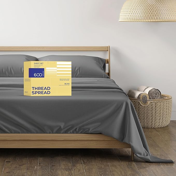 THREAD SPREAD 100% Egyptian Cotton Split King Sheets Sets for Adjustable Bed - 600 Thread Count 5 PC Top Split King Sheets, 16" Deep Pocket Cooling Sheets for Split King Adjustable Bed - Dark Grey - LeafyLoom