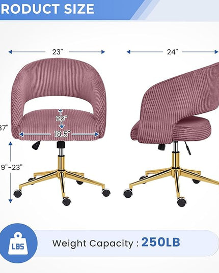 Rose Pink Office Chair, Corduroy Home Office Desk Chairs with Wheels and Gold Base, Mid Century Swivel Vanity Chair, Comfy Rolling Chair for Bedroom, Living Room, Study - LeafyLoom