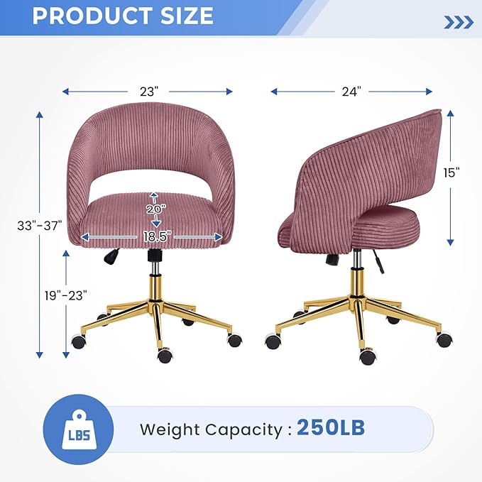 Rose Pink Office Chair, Corduroy Home Office Desk Chairs with Wheels and Gold Base, Mid Century Swivel Vanity Chair, Comfy Rolling Chair for Bedroom, Living Room, Study - LeafyLoom