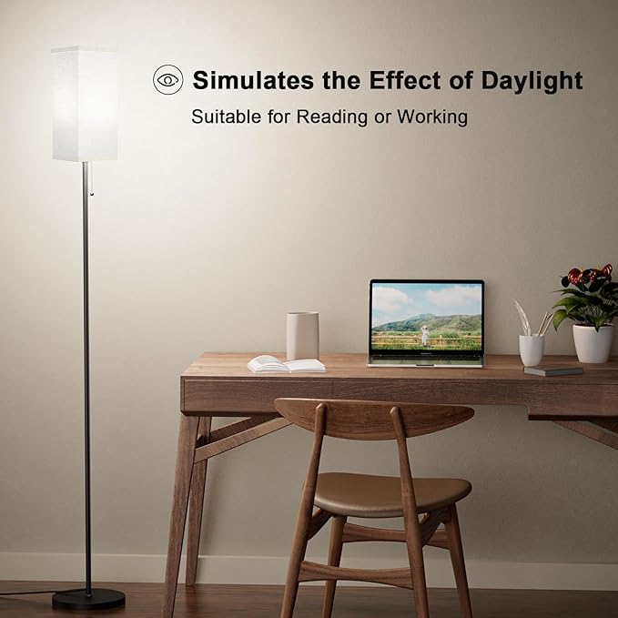 Tall Floor Lamp with Linen Shade - 3 Color Temperature, Black, LED Bulbs, Pull Chain Switch, Easy Assembly - LeafyLoom