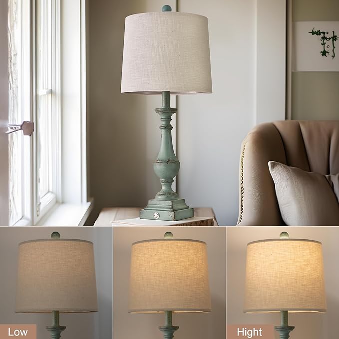 PORTRES 25.75" 3 - Way Dimmable Touch Lamps Set of 2 for Bedroom Rustic Bedside Lamp with USB A+C Charging Ports for Living room Kids Room Study Room （Green） - LeafyLoom