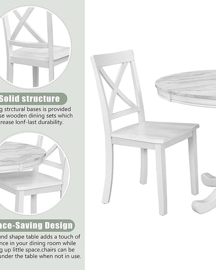 Round 5-Piece Kitchen Room Solid Wood Dining Table and Chairs Set for 4, White - LeafyLoom