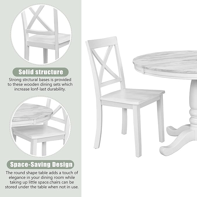 Round 5-Piece Kitchen Room Solid Wood Dining Table and Chairs Set for 4, White - LeafyLoom