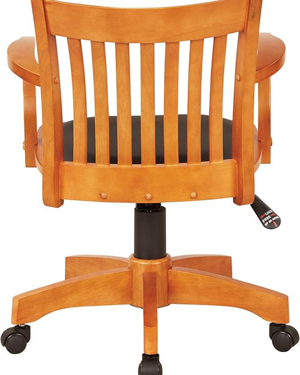 OSP Home Furnishings Deluxe Wood Banker's Desk Chair with Padded Seat, Adjustable Height and Locking Tilt, Fruitwood Finish and Black Vinyl - LeafyLoom