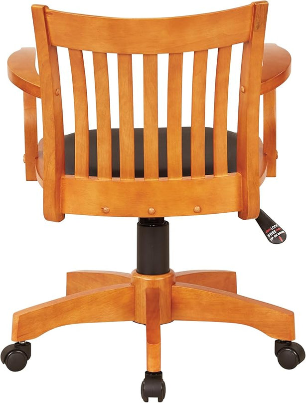 OSP Home Furnishings Deluxe Wood Banker's Desk Chair with Padded Seat, Adjustable Height and Locking Tilt, Fruitwood Finish and Black Vinyl - LeafyLoom