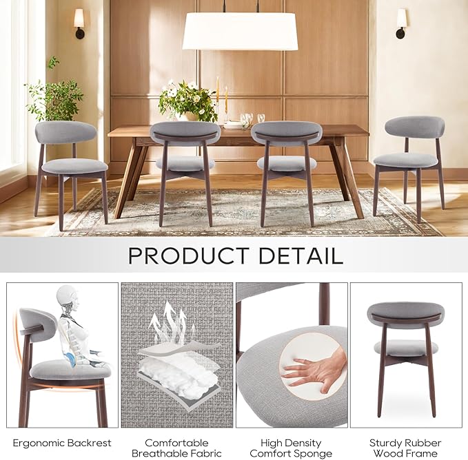 COLAMY Wooden Dining Chairs Set of 4, Modern Fabric Upholstered Kitchen Side Chairs, Farmhouse Dining Room Chair with Foot Pegs, Light Grey - LeafyLoom