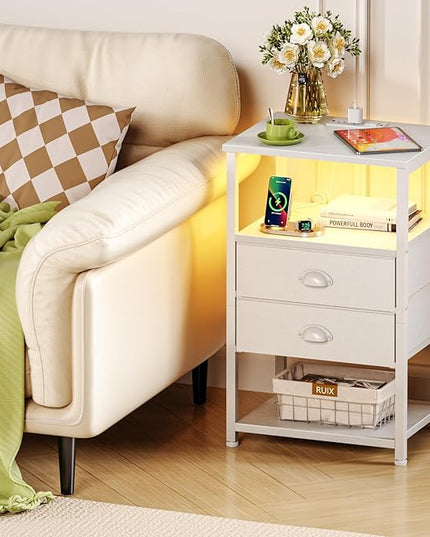 Furologee Nightstand with Charging Station, White Night Stand with LED Lights, 3-Tier Storage End Table with Fabric Drawers, Side Table with USB Ports & Outlets for Lving Room/Bedroom - LeafyLoom