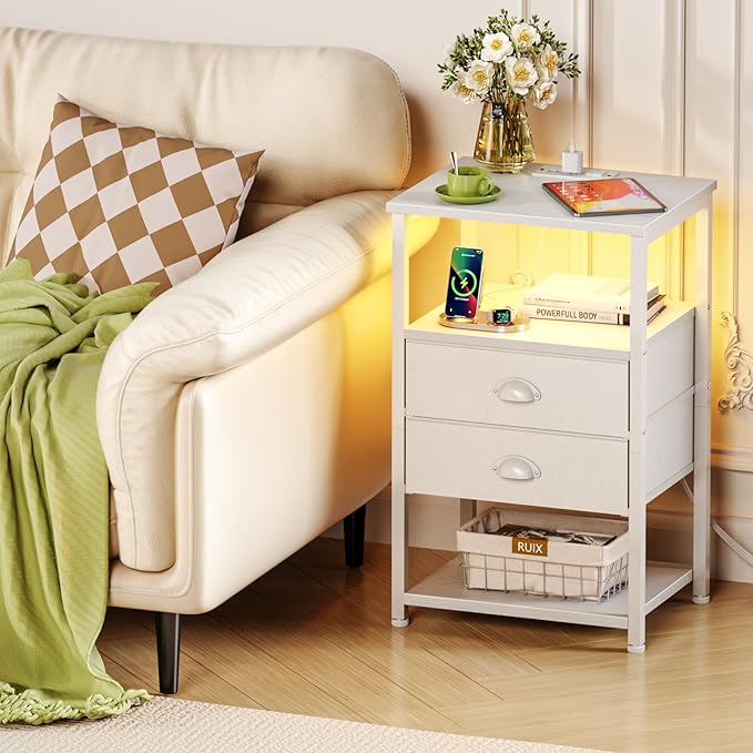 Furologee Nightstand with Charging Station, White Night Stand with LED Lights, 3-Tier Storage End Table with Fabric Drawers, Side Table with USB Ports & Outlets for Lving Room/Bedroom - LeafyLoom