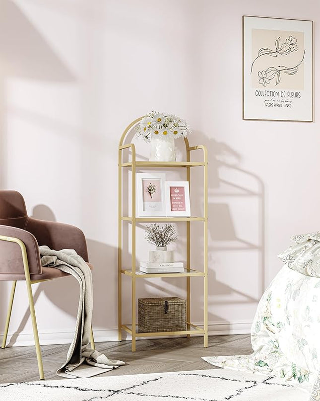 Bookcase Bookshelf, Tempered Glass Bookshelves, Slim Shelving Unit for Bedroom, Bathroom, Home Office, Steel Frame, 4 Tier Gold BC04001G - LeafyLoom
