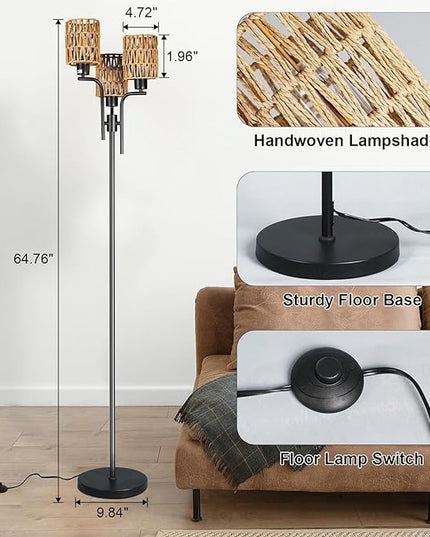 Ganeed Floor Lamps for Living Room,3 Lights Rattan Standing Tall Lamp with Foot Switch,360°Rotation Black Modern Woven Standing Floor Lamp for Bedroom Office - LeafyLoom