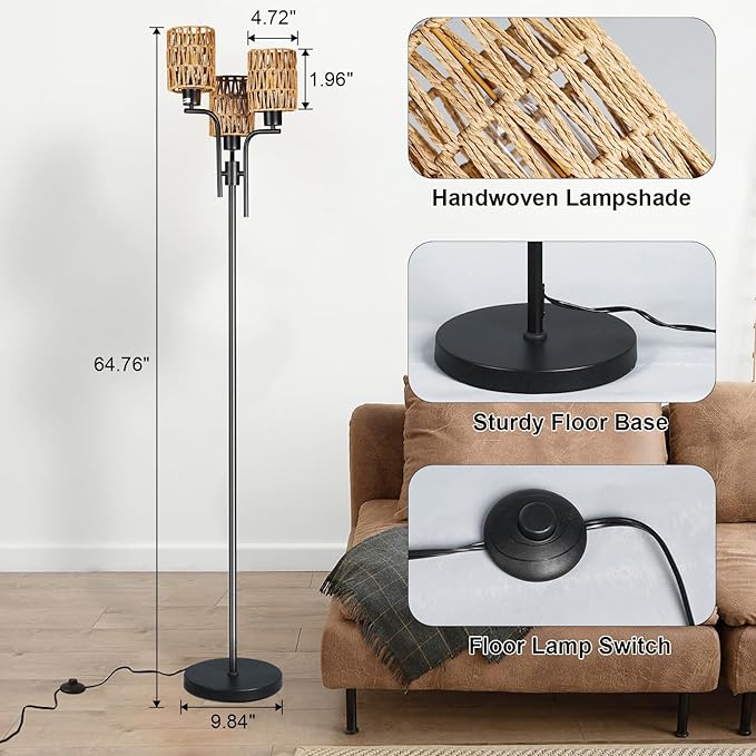 Ganeed Floor Lamps for Living Room,3 Lights Rattan Standing Tall Lamp with Foot Switch,360°Rotation Black Modern Woven Standing Floor Lamp for Bedroom Office - LeafyLoom