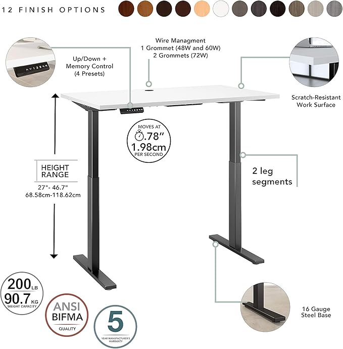 Bush Business Furniture Move 60 Electric Ergonomic Sit-Stand Computer Table for Home and Professional Office, 72W x 30D, White - LeafyLoom