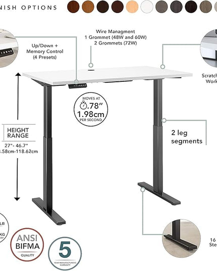 Bush Business Furniture Move 60 Electric Ergonomic Sit-Stand Computer Table for Home and Professional Office, 48W x 24D, White - LeafyLoom