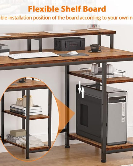 Furologee Computer Desk with Shelves and Drawer, 61" Long Desk with Fabric File Drawer, Industrial Writing Desk with Large Monitor Stand, Study Table Workstation for Home Office, Rustic Brown - LeafyLoom