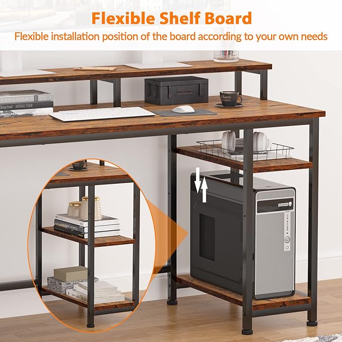 Furologee Computer Desk with Shelves and Drawer, 61" Long Desk with Fabric File Drawer, Industrial Writing Desk with Large Monitor Stand, Study Table Workstation for Home Office, Rustic Brown - LeafyLoom