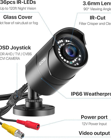 ZOSI 1080P 1920TVL Security Camera Outdoor Indoor,Hybrid 4-in-1 TVI/CVI/AHD/960H CVBS Bullet Cam for Analog Home Office Surveillance DVR CCTV System,IP67 Weatherproof,120ft IR Night Vision,Black ZOSI