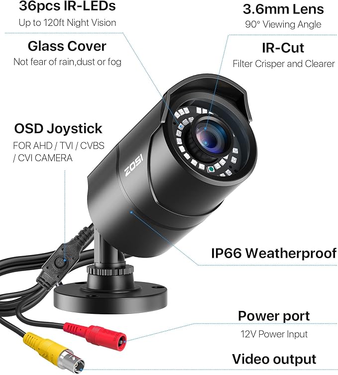 ZOSI 1080P 1920TVL Security Camera Outdoor Indoor,Hybrid 4-in-1 TVI/CVI/AHD/960H CVBS Bullet Cam for Analog Home Office Surveillance DVR CCTV System,IP67 Weatherproof,120ft IR Night Vision,Black ZOSI