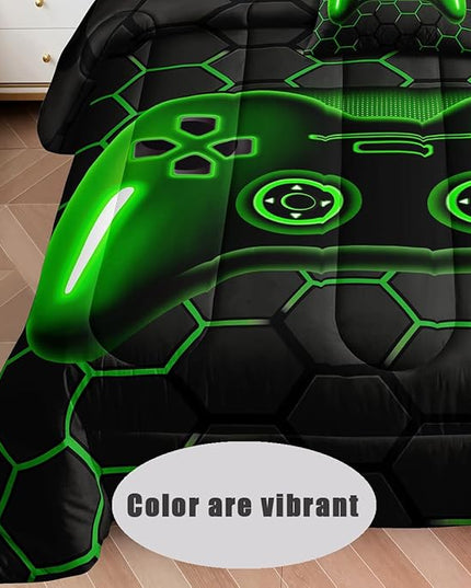 5 Pieces Bed in a Bag for Boys Bedding Sets Twin Size,Gamer Comforter Sets for Boys Kids, Gaming Comforter Set for Boys Room Decor with Flat Sheet,Fitted Sheet,Pillowcase,Cushion Cover - LeafyLoom