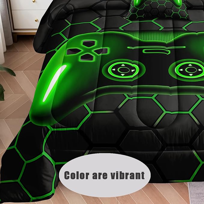 5 Pieces Bed in a Bag for Boys Bedding Sets Twin Size,Gamer Comforter Sets for Boys Kids, Gaming Comforter Set for Boys Room Decor with Flat Sheet,Fitted Sheet,Pillowcase,Cushion Cover - LeafyLoom