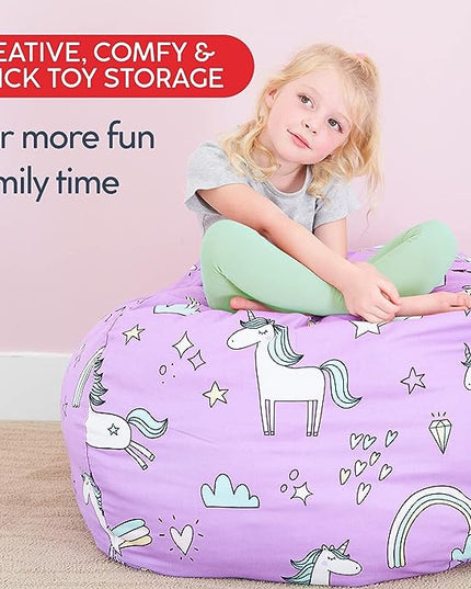 Creative QT Stuff ’n Sit Extra Large 38’’ Bean Bag Storage Cover for Stuffed Animals & Toys, Giant Beanbag Chair for Plush, Toddler & Kids Rooms Bedroom Organizer, Pink/White Stripe - LeafyLoom