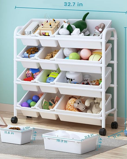 Kids Toy Storage Organizer with 12 Plastic Bins, 4-Tier Metal Toy Storage Rack, Metal Toy Organizer with Storage Bins for Kids Room, Playroom and Nursery, White - LeafyLoom