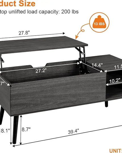 Lift Top Coffee Table with Storage - Grey Coffee Table with Lifting Top - Dark Gray Coffee Table Wood - Rectangle Coffee Tables That Lifts up for Living Room - LeafyLoom