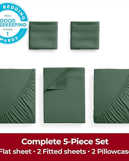 Mellanni Extra Deep Split King Sheets - 5 PC Iconic Collection Bedding Sheets & Pillowcases - Hotel Luxury, Ultra Soft, Cooling Bed Sheets - Extra Deep Pocket up to 21 inch (Split King, Emerald Green) - LeafyLoom