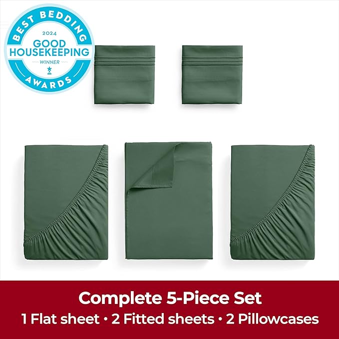 Mellanni Extra Deep Split King Sheets - 5 PC Iconic Collection Bedding Sheets & Pillowcases - Hotel Luxury, Ultra Soft, Cooling Bed Sheets - Extra Deep Pocket up to 21 inch (Split King, Emerald Green) - LeafyLoom