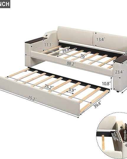 Upholstered Size Upholstery Trundle, Daybed Sofa Bed Frame with Storage Arms & USB Charging Design for Living Room Bedroom, Beige, Twin XL - LeafyLoom