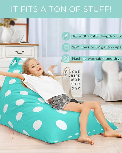 Aubliss Stuffed Animal Storage Bean Bag Chair Cover, 50"x 35" Extra Large Bean Bags for Kids & Adults, Beanbag Toy Storage for Boys Girls - Premium Cotton Canvas Aqua Dot - LeafyLoom