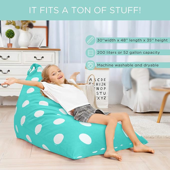 Aubliss Stuffed Animal Storage Bean Bag Chair Cover, 50"x 35" Extra Large Bean Bags for Kids & Adults, Beanbag Toy Storage for Boys Girls - Premium Cotton Canvas Aqua Dot - LeafyLoom