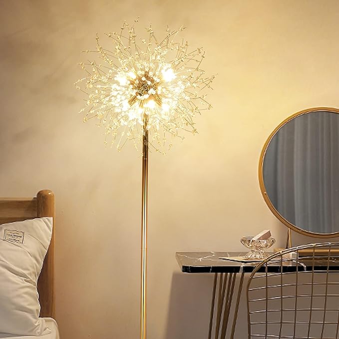 69 inch Crystal Floor Lamp, Modern Standing Lamp with K9 Crystal, LED Floor Lamp with On/Off Foot Switch, Metal Tall Pole Lamp for Living Room, Girls Room, Bedroom, Dresser, Office, Gold Finish - LeafyLoom