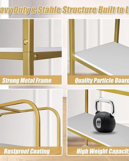 TooCust 5-Tier Gold Bookcase, 29.5" Lx70.6 H, Bookshelf for Bedroom,Gold Book Display Shelf, Arched Bookcase, Organizer Rack for Living Room, Gold Freestanding Display Shelf,White and Gold Bookshelf - LeafyLoom