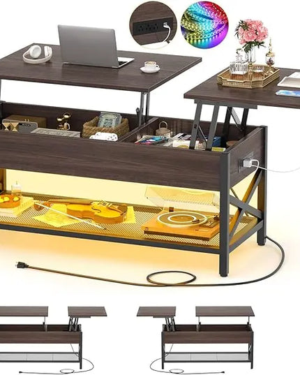 Aheaplus Coffee Table, Lift Top Coffee Table with LED light and Power Outlet, Modern Lift-Top Table with Storage Shelf, Center Table for Living Room with Lift Tabletop, X Support Metal Frame, Espresso - LeafyLoom