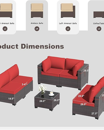 Outdoor Furniture Set 7PCS Patio Furniture for Backyard Wicker Sectional Sofa Set 6 Seats, PE Rattan Outdoor Conversation Set with Thickened Cushions and Glass Coffee Table, Red - LeafyLoom