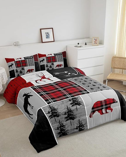 Deer Antlers Bear Kids Comforter Set Full Size,Plaids Boho Arrows Patchwork Bedding Set for Boys Girls Adults Room Decor,Rustic Adventure Xmas Down Comforter,Red Retro Duvet Insert,2 Pillowcases - LeafyLoom