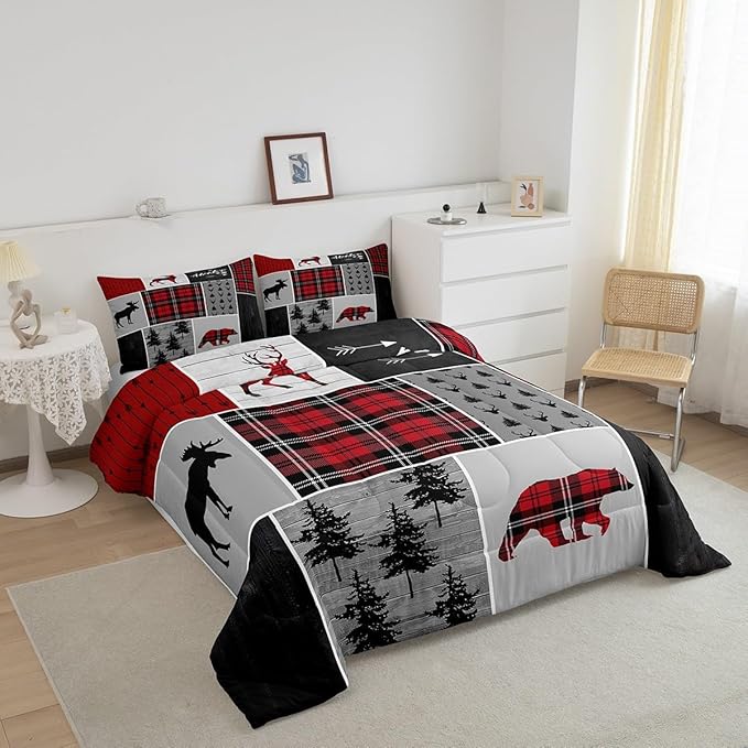 Deer Antlers Bear Kids Comforter Set Full Size,Plaids Boho Arrows Patchwork Bedding Set for Boys Girls Adults Room Decor,Rustic Adventure Xmas Down Comforter,Red Retro Duvet Insert,2 Pillowcases - LeafyLoom