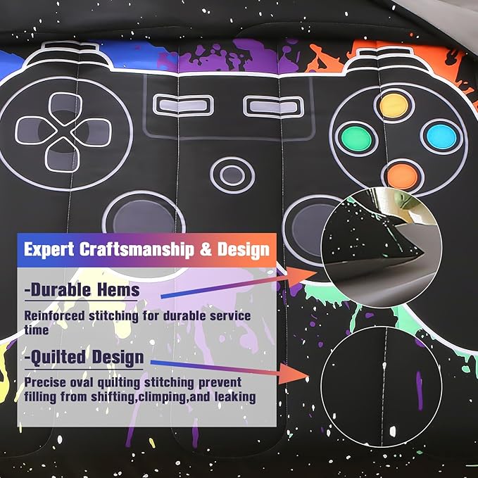 JQinHome Queen Gamer Comforter Sets for Boys&Girls,6 Piece Bed in A Bag 3D Video Game Bedding -All Season Microfiber Gamer Bedding Sets for Kids, with Pillowcase, Flat & Fitted Sheet,Cushion Cover - LeafyLoom