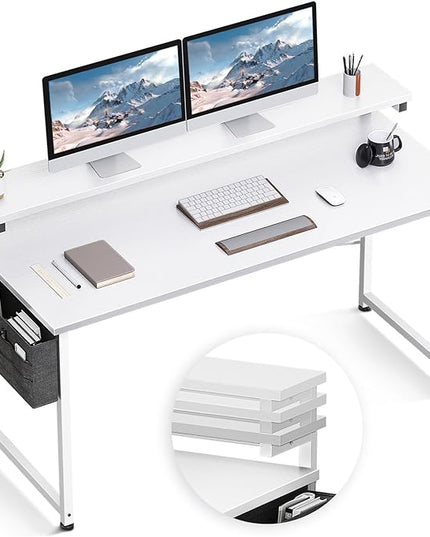 ODK Computer Desk with Adjustable Monitor Shelves, 55 inch Home Office Desk with Monitor Stand, Writing Desk, Study Workstation with 3 Heights (10cm, 13cm, 16cm), White + White leg - LeafyLoom