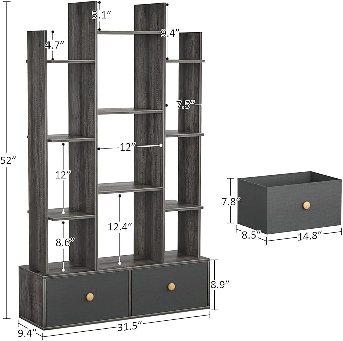 Unikito Book Shelf with 2 Drawers Free Standing Bookcase, Office Storage Shelf Organizer with 12 Open Bookshelf, Industrial Wood Book Case Display Rack for Bedroom, Living Room Home Office, Gray Oak - LeafyLoom